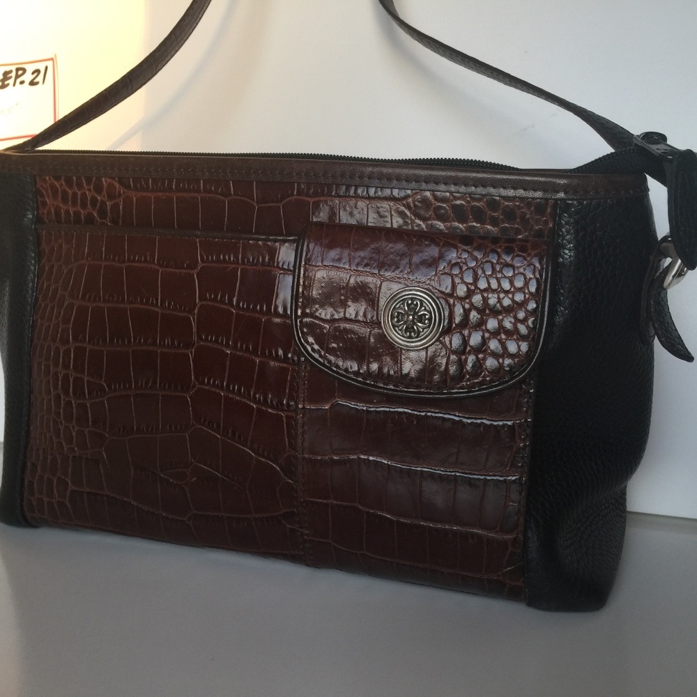 BRIGHTON Brown Croc/Black Pebbled Leather Crossbody Purse  A476158